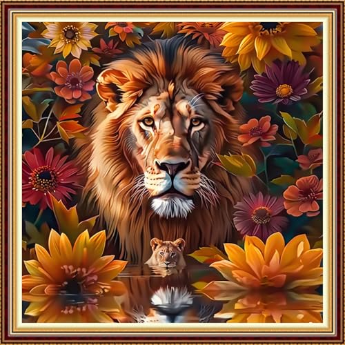 Image of Fanxvivy Stamped Counted Cross Stitch Kits for Adults Printed Cross-Stitch Patterns 11CT Stamped or Counted Cross Stitching Embroidery Kit Needlepoint Kits-Flower Lion 18x18 inch