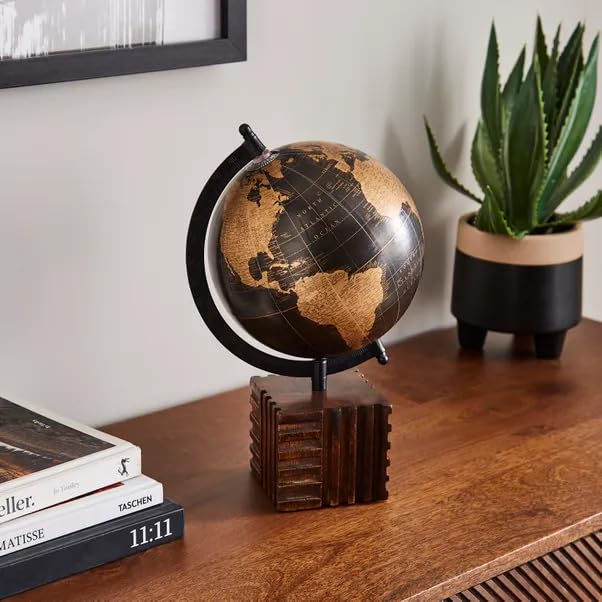 New Black Rotating Globe with Rustic Mango Wood Geometric Base, Classic Decorative Accent for Study Areas, Shelves, Blending Timeless Style with a Love for Travel Home Office Decor – M77