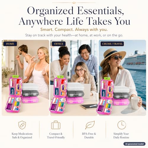 Image of 3 Pack Large Pill Organizers with Medicine Labels, Pink White Grey | Set of 3 large pill cases with 3x161 medicine labels for 7-day planning, family use, travel, and separate routines