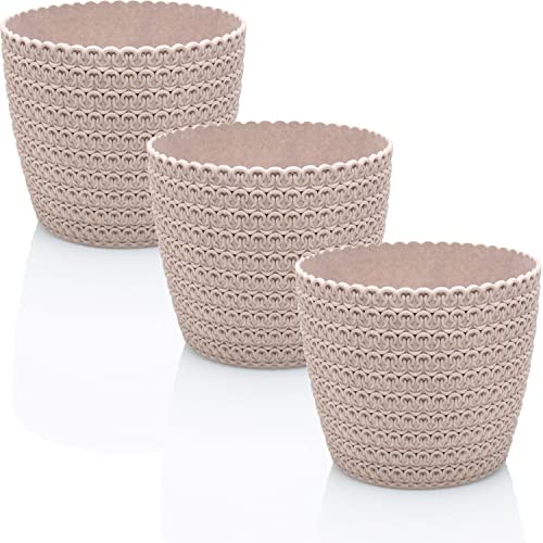 idea-station ECO Pot de Fleur Plastique 3 x 16 cm - Beige - 30% teneur en Bois - Cache Pot Plante Interieur Cover