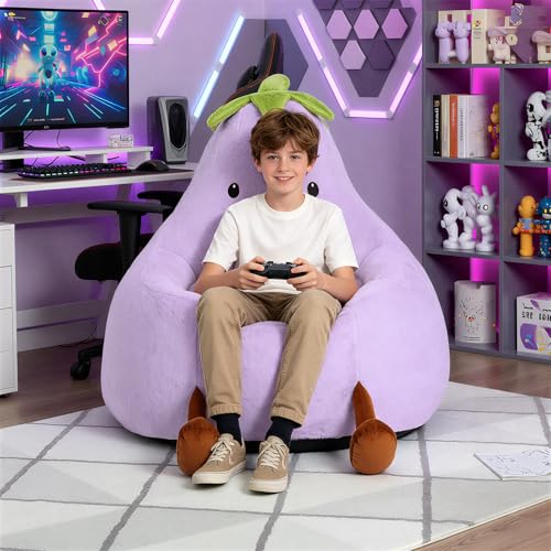 Image of 31 Inches Memory Foam Bean Bag Chair - Ultra Soft Faux Rabbit Fur Round Sofa with Handle & Machine Washable Cover, Eggplant-Shaped Kids Reading Chair for Bedroom, Living Room and Playroom, Purple