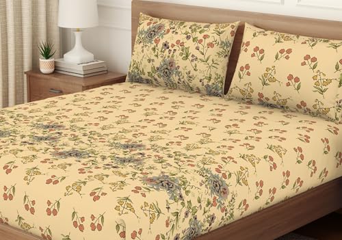 Image of Welspun ENZO Queen Size Fitted Bedsheet with 2 Pillow Covers | 360 Elastic | 100% Pure Cotton | 60 x 78 Inches | Soft, Breathable, Lightweight & Easy Care | Beige
