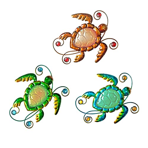 VividLadybug Outdoor Metal Turtle Decor Set of 3 Colorful Hanging Wall Art for Patio Garden Pool Yard Coastal Tropical Sea Turtle Sculptures
