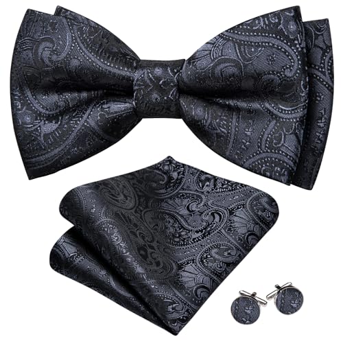 Image of Barry.Wang Paisley Striped Bow Tie for Men Silk Pre-Tied Bowtie Pocket Square Cufflinks Set Formal Wedding Party Prom