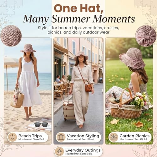 Sombrero de paja tejido elegante beige con lazo miniatura 3