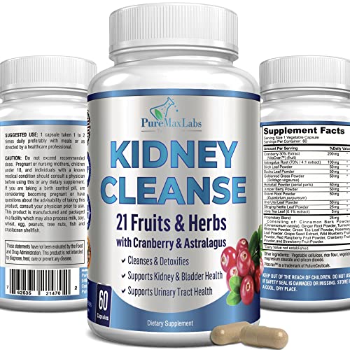 YUMMYVITE Herbal Kidney Cleanse with Cranberry Extract, Astralagus - 21 Fruits & Herbs - Detox & Cleanse Urinary Tract & Bladder Health, Kidney Support, 60 Vegan Capsules