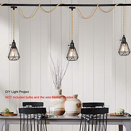 Image of Triple Plug in Pendant Lights with Cord Hanging Lamp Kit with Switch 23 Ft Long Hemp Rope Farmhouse Pndant Light Cord Lighting Fixture Kits DIY Hanging Light