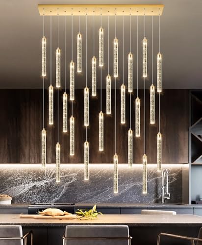 Image of Rectangular Chandeliers 26-Lights Long Light for Entryway LED Dimmable Chandeliers Lighting Fixture Flat Sloped High Ceiling Pendant Lights Crystal for Living Room Foyer Hallway Staircase Gold
