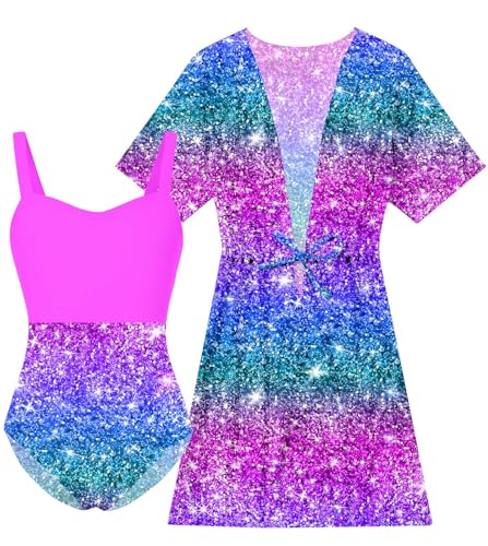 Image of Funnycokid Girls Bathing Suit 1 Piece Swimsuit Glitter Print Cover up 8 9 Years Kid Purple Pink Size 8-9