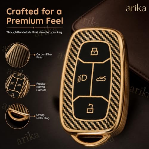 Image of arika Key Cover Compatible with Tata Harrier | Safari | Nexon | Altroz | Tigor | EV | Punch | Tiago EV Electric - 4 Button Smart Key , Imperial Gold Carbon Series