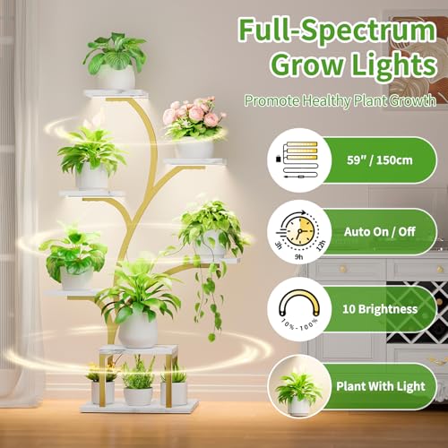 Image of BACEKOLL Plant Stand Indoor with Grow Lights, 7 Tiered Indoor Plant Shelf, 49 inch Corner Plant Stands for Indoor Plants, Metal Plant Flower Display Shelf, Tree-Shaped Plant Rack for Home, Faux Marble