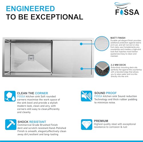 Image of Fossa 37 inchx18 inchx10 inch ๐-๐๐๐๐ ๐๐๐๐๐๐๐๐ Single Bowl With Drain Board Premium Stainless Steel Handmade Kitchen Sink Matte Finish (Silver)