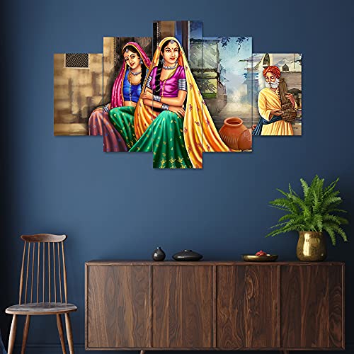 Saumic Craft Set Of 5 Rajasthani Village Lady Scenery Framed