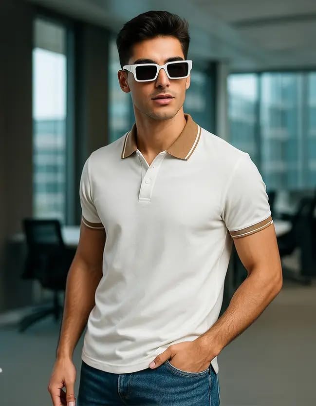 Image of Veirdo Pure Cotton Half Sleeves Regular Fit Plain Solid Classic Polo Colored Collar T-Shirt for Men (Colors: Olive, Black & White)