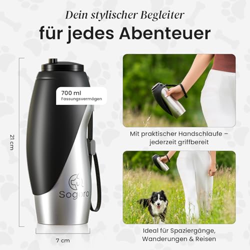 Sogoro Hundetrinkflasche für Unterwegs - 700ml - auslaufsicher & robust aus Edelstahl - Tragbare Haustier Wasserflasche, Hundeflasche to go, Hundetrinkflasche für Unterwegs für alle Hunde