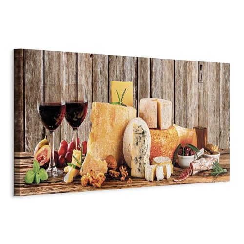 murando - Wandbilder XXL Wein und Käse 135x45 cm 1 tlg - Wand Deko Vlies Leinwand Bilder Groß Wanddeko Wohnzimmer Schlafzimmer Kunstdrucke Panoramabild - Holzoptik Weintraube Essen Küche
