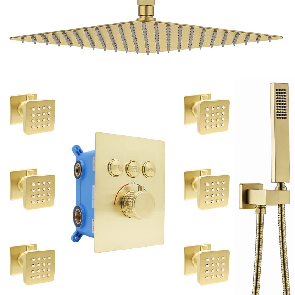 Buy Brushed Gold Shower System With Body 16 Inch Ceiling
