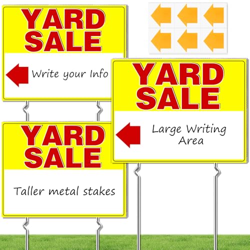 Cyrico Yard Sale Signs with Stakes 3 Pack 17 x 13 Inch Double Sided Weatherproof Corrugated Plastic Garage Sale Signs with Directional Arrow Stickers for Outdoor Lawn Yard Estate Events Yellow