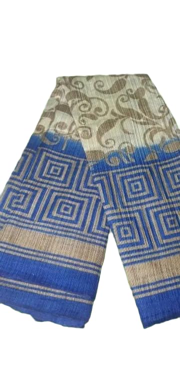 Image of Woven Saree with Paisley and Geometric Pattern, Blue and Beige, Striped Border