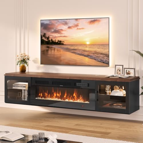 Image of 70 inch Floating TV Stand with Fireplace, High Gloss Finish Wall Mounted Fireplace Entertainment Center with Storage for TVs Up to 80 inch, Brown & Black and WI-FI Enabled