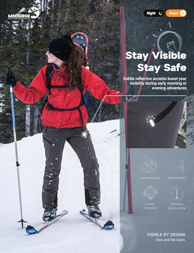 Image of Moosehill Women's Hiking Pants Winter: 5 Zipper Pockets Water Resistant | Fleece Lined 4-Way-Stretch Insulated Softshell with Elastic Waistband for Outdoor Ski and Snowboard