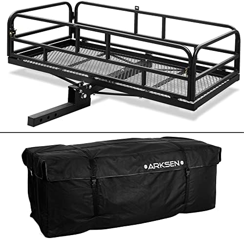 ARKSEN 60 x 24 Inch Folding Cargo Rack Carrier with Waterproof Cargo Bag 500 Lbs Heavy Duty Capacity 2 Inch Receiver Luggage Basket Hitch Fold Up for SUV Pickup Camping Traveling