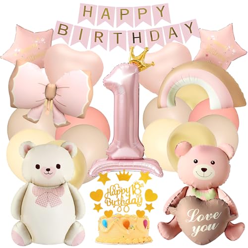 Decoracion Cumpleaños Niña 1 Año, 1. Cumpleaños niña oso decorativo fiesta globo, Globo de Cumpleaños Oro Rosa Vintage, Banner Happy Birthday, Decoración Tarta, Globos Corazón Arcoíris Lazo