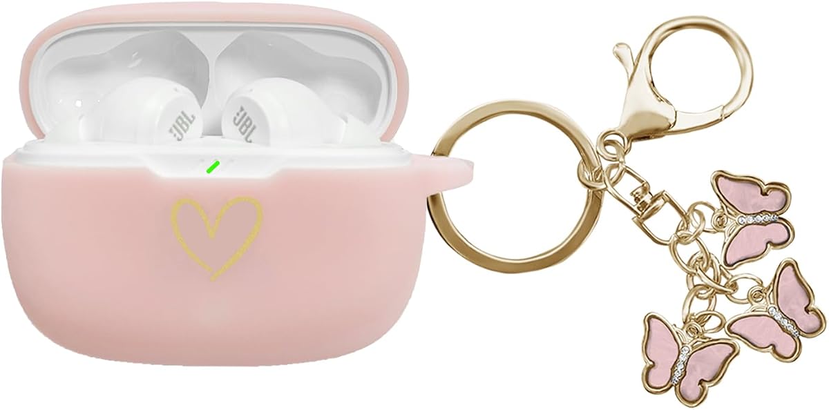 Compatible con JBL Vibe 200TWS/JBL Vibe Beam Case Cover, estuche de silicona suave con patrón de corazón dorado para estuche JBL Vibe Beam 2 (2025) con lindo llavero de mariposa para niña mujer (rosa)