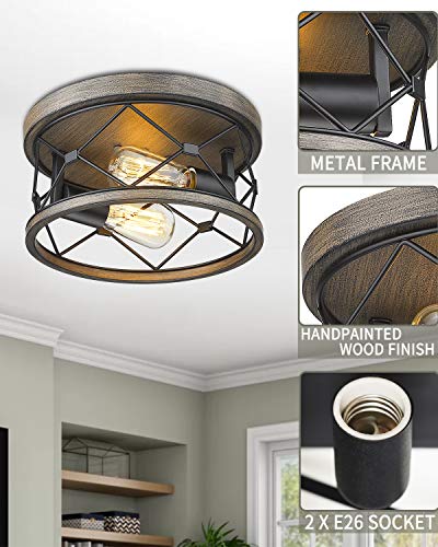 Osimir Flush Mount Lighting Fixture, 12Inch 2-Light Metal Ceiling Light Fixtures, Black & Wood Grain Texture Finish, Re9179-2B #TOP1
