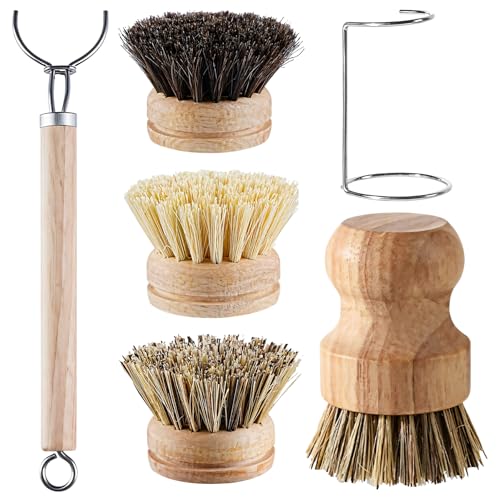 Image of 6 PCS Dish Brush with Handle Set, Wooden Handle with 3 Replaceable Bristle Heads, Bamboo Brush for Dishes with Metal Dry Rack for Kitchen Cleaning Tasks