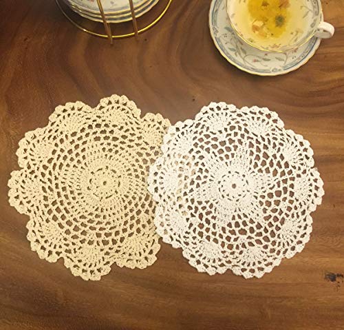 Janef Beige Handmade Crochet Cotton Table Mats Lace Doilies Doily Round Lace Placemats 7 Inches 6Pc #TOP5
