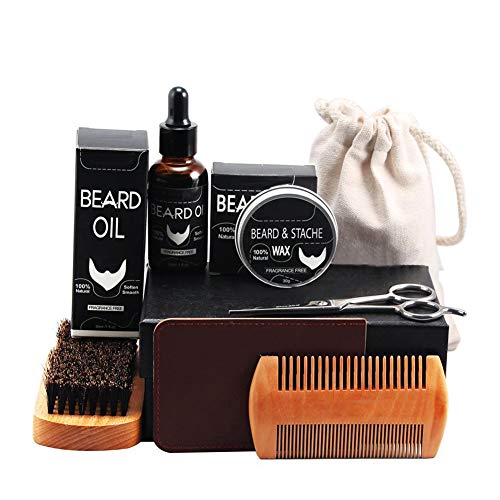 7PCS / Set para el cuidado de la barba para Hombres, Barba Cepillo + Bolsa de lona + Cera para barba + Aceite para barba + Barba Peine + PU Bolsa + Tijera