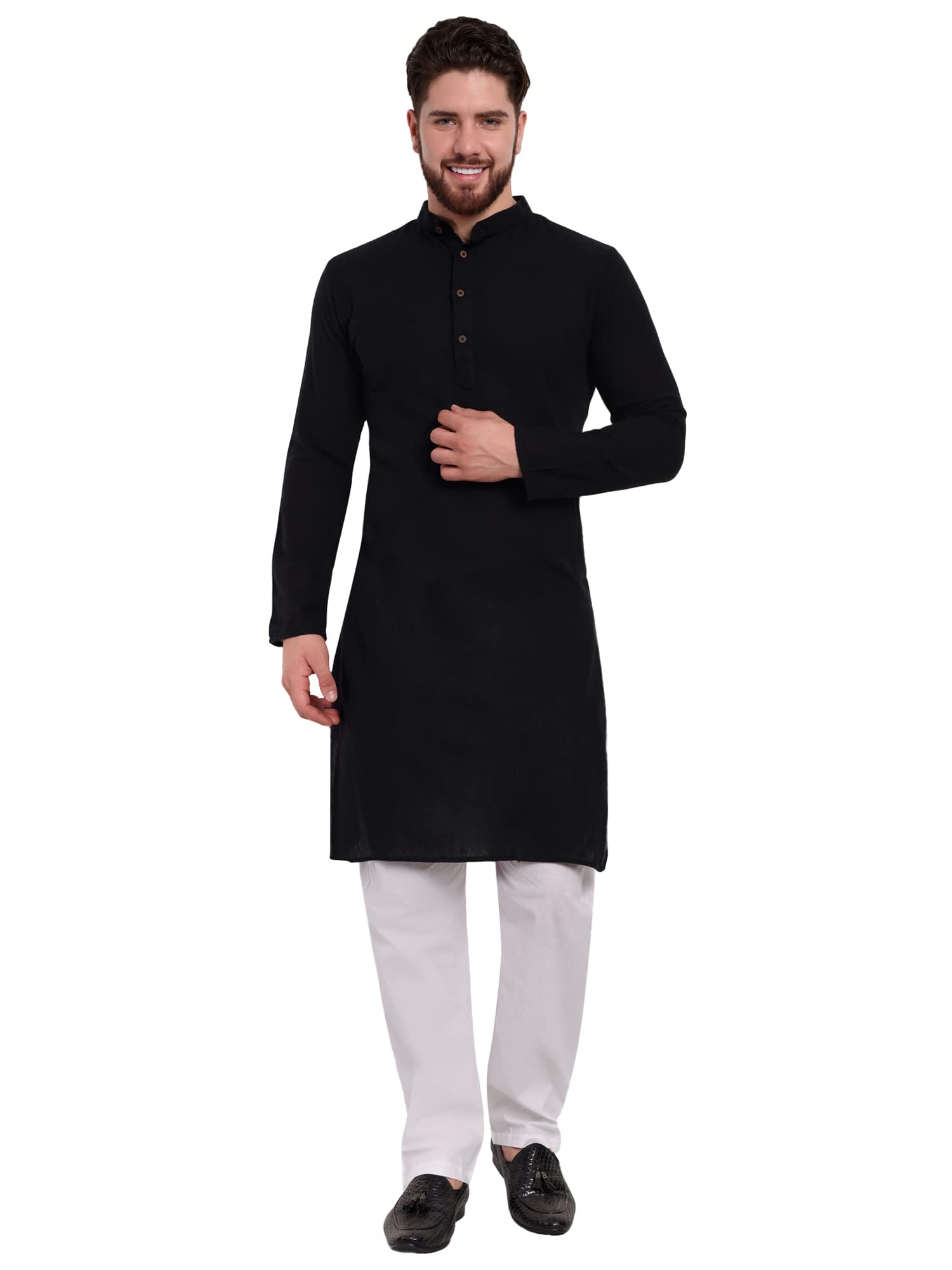 SKAVIJ Men's Longline Kurta Pajama Long Sleeve Indian Outfit (Black,Small)