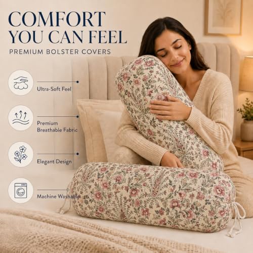Image of Clasiko Cotton Bolster Covers Set of 2, Petal Beige, Standard Size (32x16 Inch)