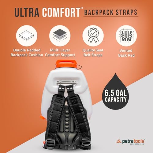 PetraTools Battery Backpack Sprayer with Custom Fitted Cart and 100 Foot Commercial Hose, 2 Hoses Included, Commercial Quality Heavy Duty Sprayer (HD5000 6.5-Gallon with Reel Cart)