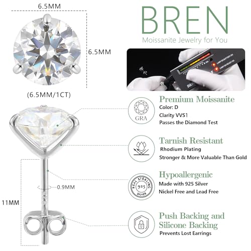 BREN Moissanite Earrings for Women and Men - 925 Sterling Silver Hypoallergenic Imitation Diamond Stud Earrings3