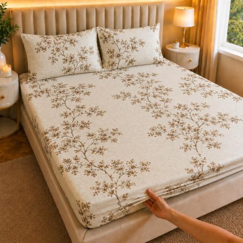 Image of Castiqa Elastic Fitted Supersoft Premium Polycotton 200TC Double Bedsheets King Size 78x72 Inch with 2 Pillow Covers (Fits Upto Mattress of 8Inches) (Multicolor VIII)