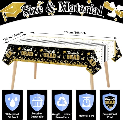 Image of chiazllta Set of 3 Graduation Tablecloths Class of 2026 Congrats Grad Black Graduation Party Tablecover Decorations Party Supplies Large Size Plastic 54 inchx108 inch(Black & Gold)