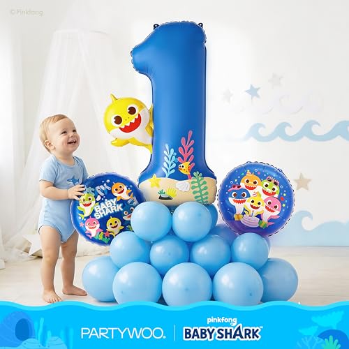 Image of PartyWoo Baby Shark Blue Foil Number 1 Balloon 40 Inch Blue Mylar Helium Birthday Number Balloons for Boys and Girls Baby Shark Under the Sea Ocean Theme Kids First Birthday Party Decorations