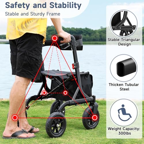 Image of MAXWALK Foldable Rollator Walker for Seniors with Seat, 10 inch All Terrain