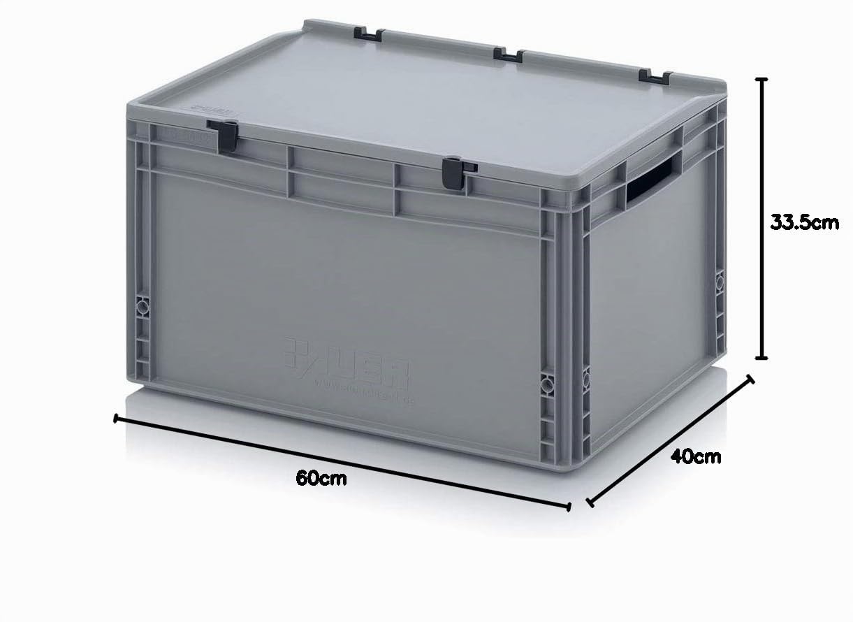 Auer Packaging Eurobehälter-Eurobox 60 x 40 x 33,5 cm mit offenen Griffen und Scharnierdeckel inkl. Zollstock | Stapelbox Lagerbox Transportbox mit Deckel 60x40x33,5 einfach zu tragen