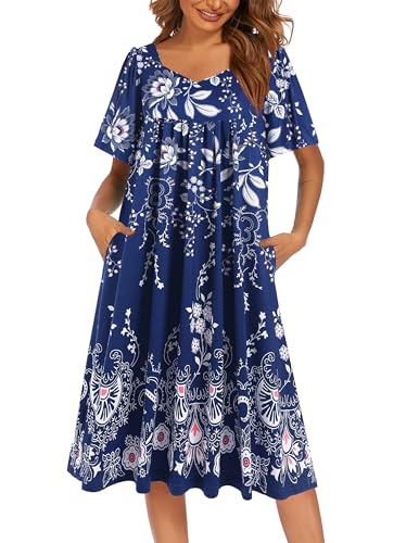 Image of Ekouaer Women's House Dress - Pleated Nightgown with Short Sleeves & Pockets