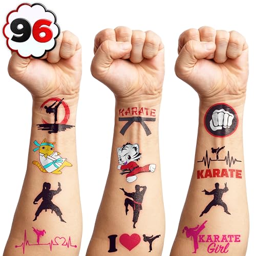 Karate Temporary Tattoos Olympic Taekwondo Japan Sports Black, Red, Yellow, White Themed Stickers for Kids Birthday Party Supplies, Decorations, Favors, and Prizes - Cute Gifts for Boys and Girls