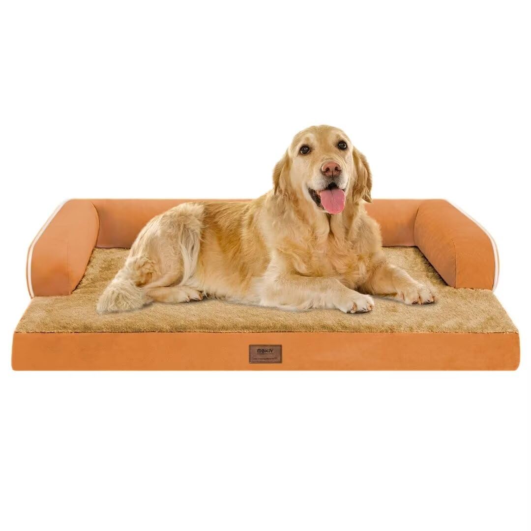Large Dog Bed Orthopedic Washable, Orthopedic Dog Beds for Large Dogs with Washable Cover, Removable Bolster and Non-Slip Bottom Orange Pet Beds, XL