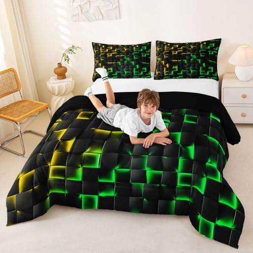 Image of Erosebridal Geometric Checkered Comforter Set Toddler Neon Yellow Green Bedding Set for Kids Boys Teen Gamer Room Decor,Abstract Ombre Plaid Comforter Grids Quilt Duvet Black