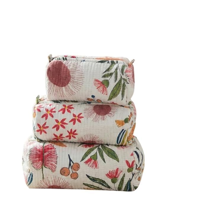 Premium Quilted Cotton Waterproof Travel Organizer Pouch Set of 3 | Lightweight Makeup, Toiletry & Cosmetic Storage Bags with Zip for Men & Women-image-49