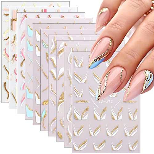 10 Sheets French Tip Nail Art Stickers 3D Self-Adhesive Gold Glitter V Shape Nail Tip French Design Waves Lines Nail Decals Acrylic Nail Art Supplies DIY Manicure Tips Nail Stickers for Women Girls