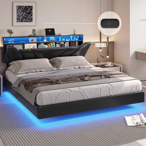 DICTAC California King Bed Frame with Storage Headboard and LED Light Cal King Size Floating Bed Frame with Type-C & USB Port Visual Floating Upholstered Platform Beds,No Box Spring Needed,Black