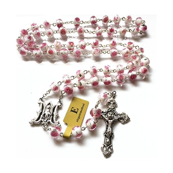 elegantmedical Handmade ROSE PINK Veluriyam ROSE BEADS ROSARY & ITALY CROSS MEDAL Catholic necklace GIFT BOX
