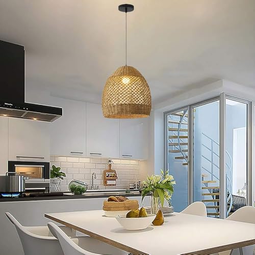 USMJQVZ Boho Rattan Pendant Light,Farmhouse Bamboo Pendant Lighting for Kitchen Island, Coastal Chandelier Wicker Light for Dining Room, Bedroom, Farmhouse Bar, Foyer Hallway - Image 3